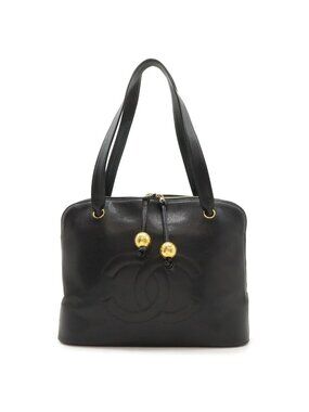 Chanel CC Logo Chain Tote Shoulder Bag Caviar Leather Black Gold